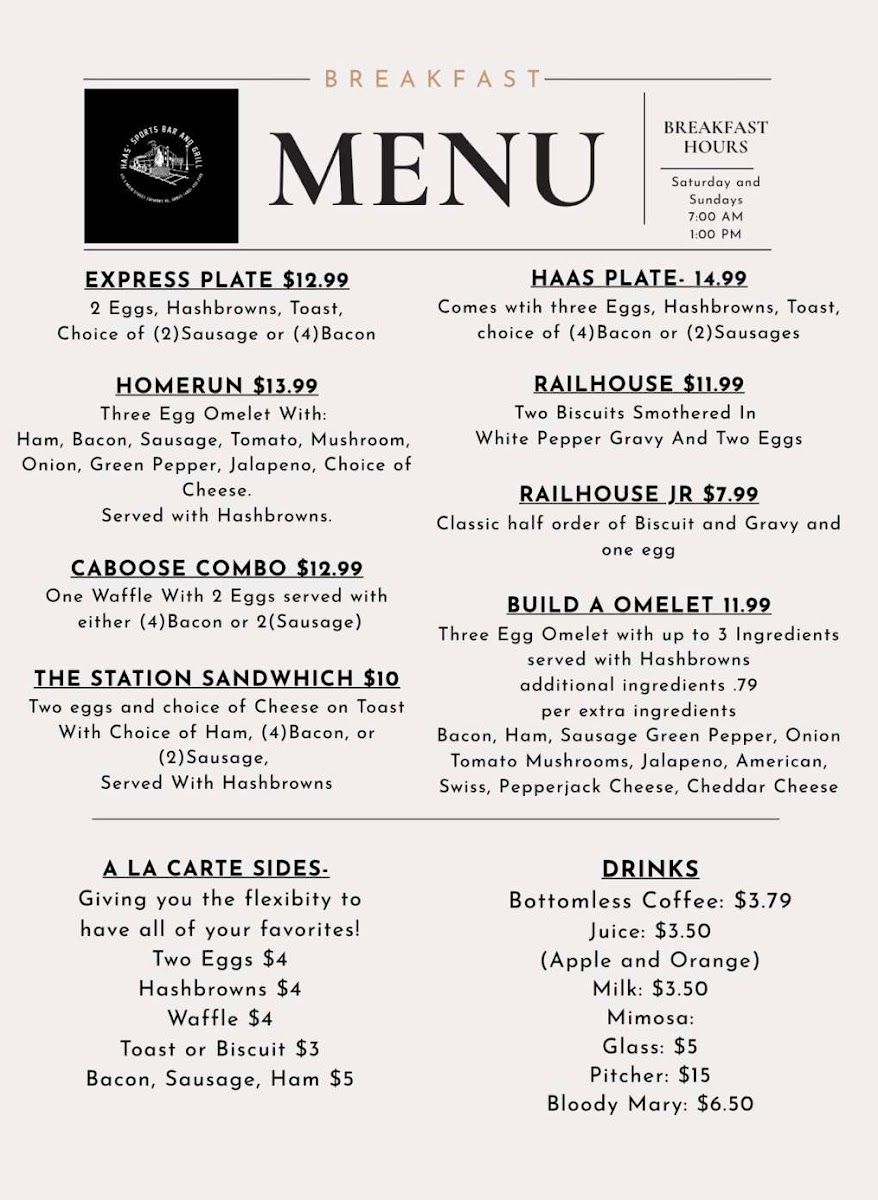 Haas' Sports Bar and Grill menu board