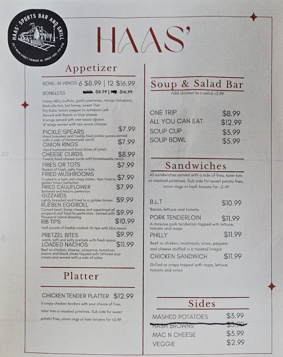 Haas' Sports Bar and Grill menu board