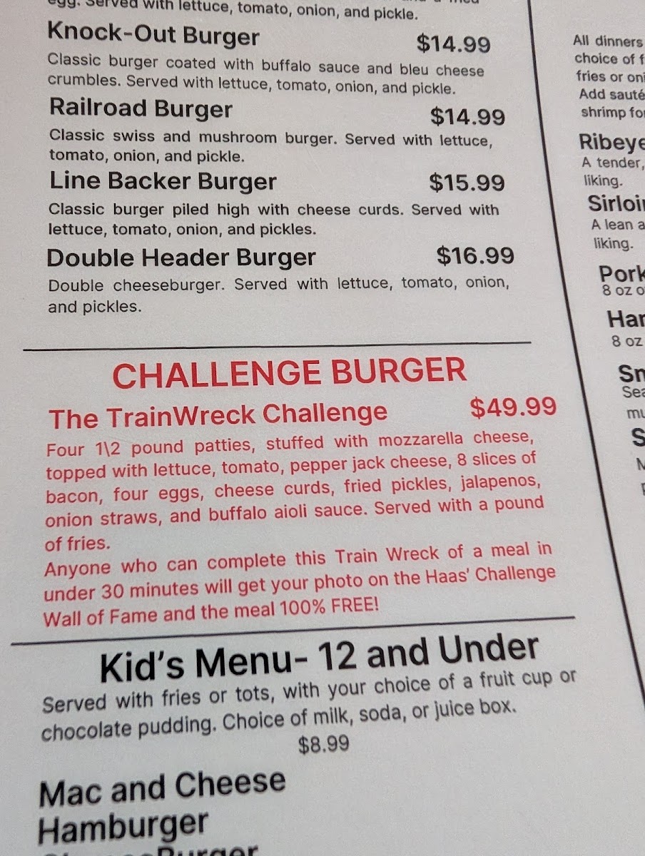 Haas' Sports Bar and Grill menu board
