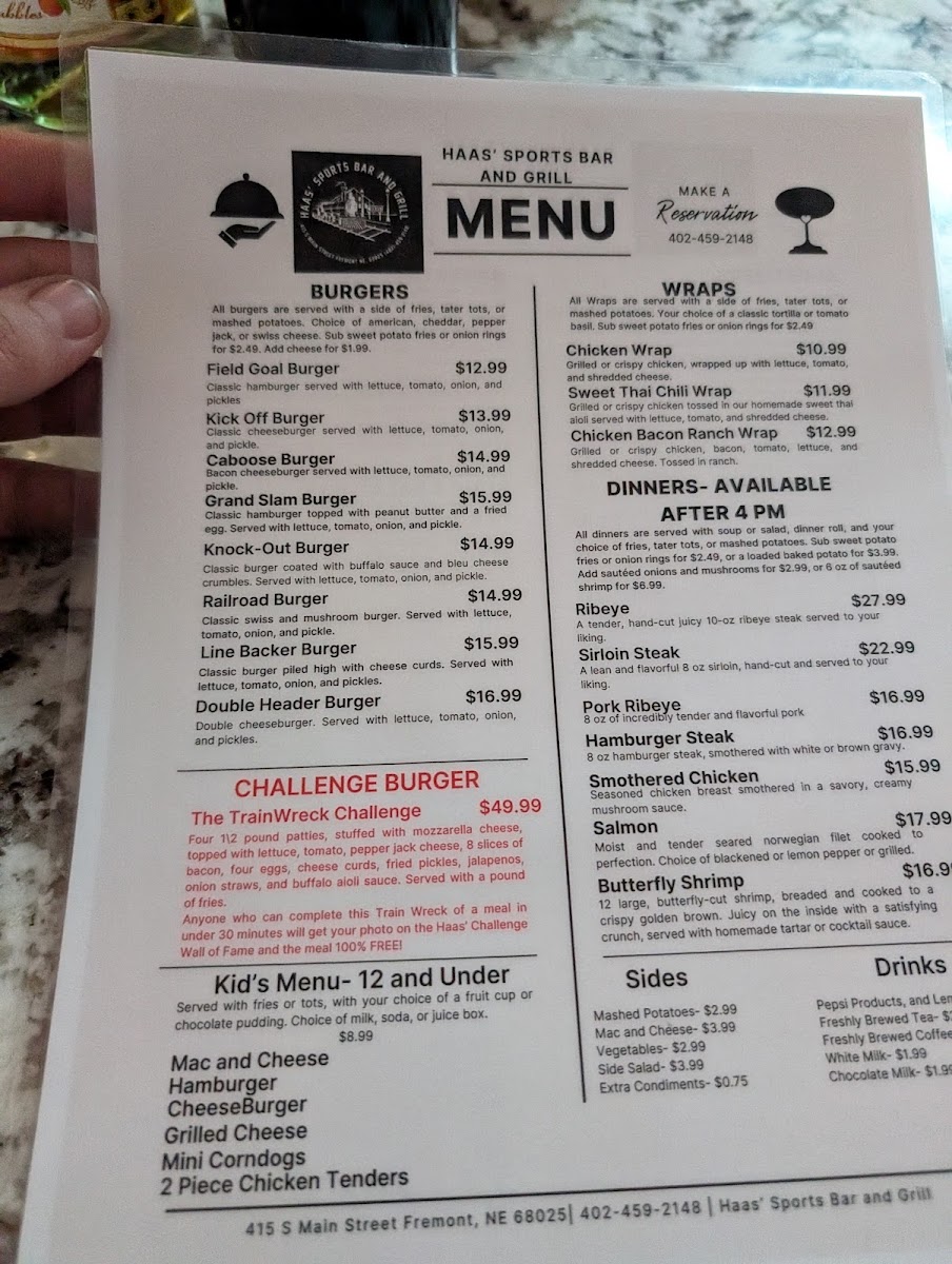 Haas' Sports Bar and Grill menu board