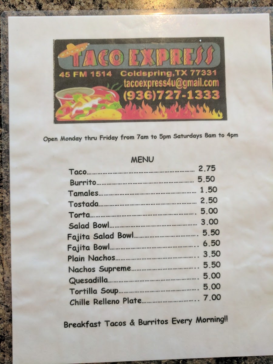 Taco Express menu board