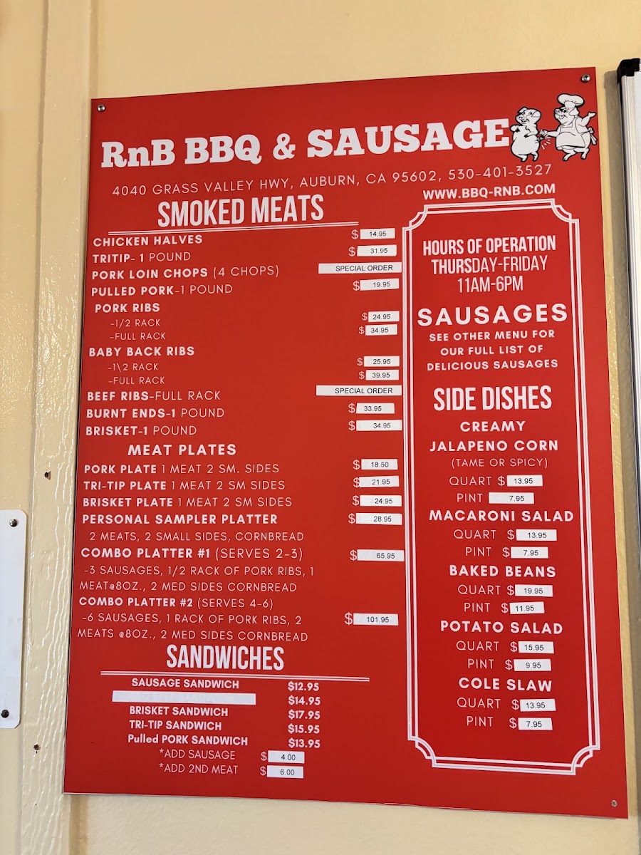 RNB BBQ and Sausage menu board