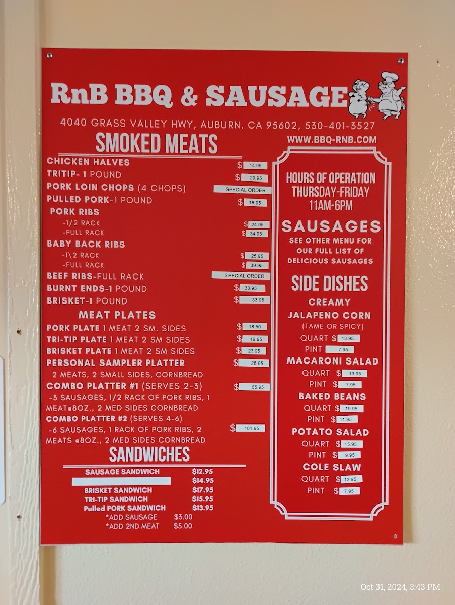 RNB BBQ and Sausage menu board