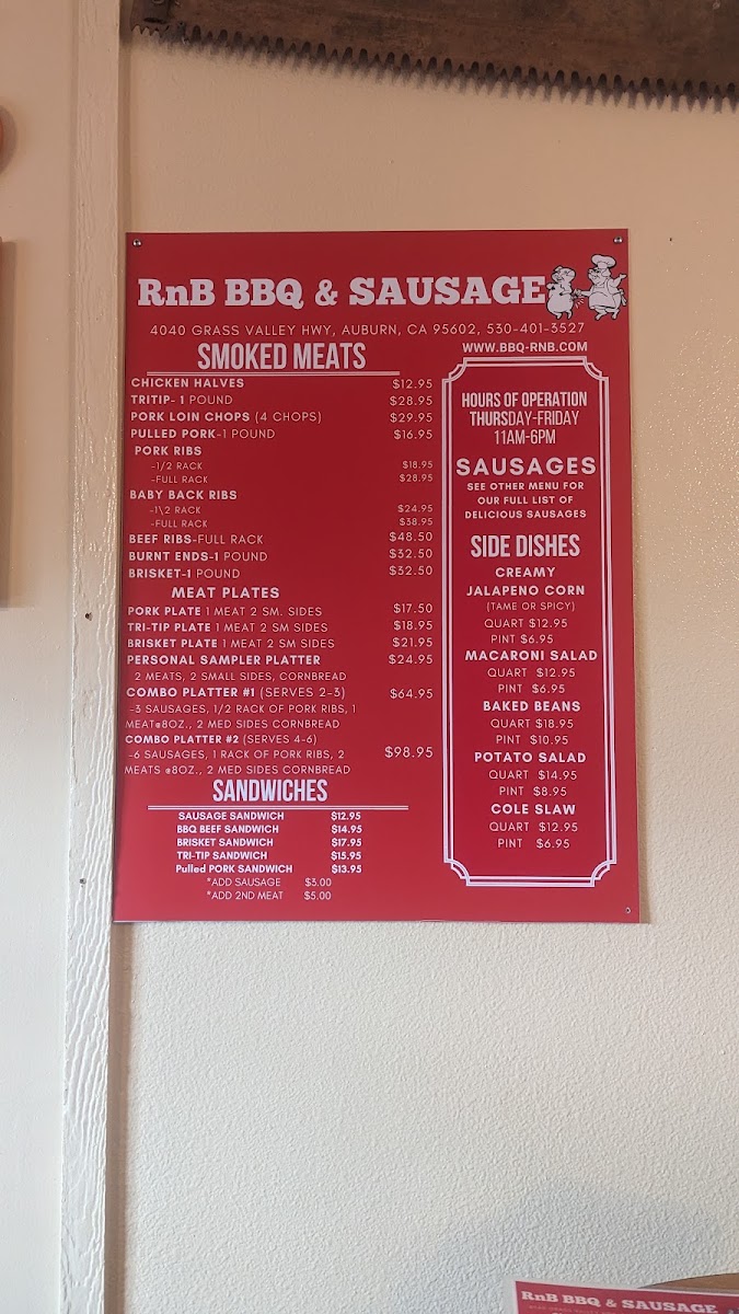 RNB BBQ and Sausage menu board