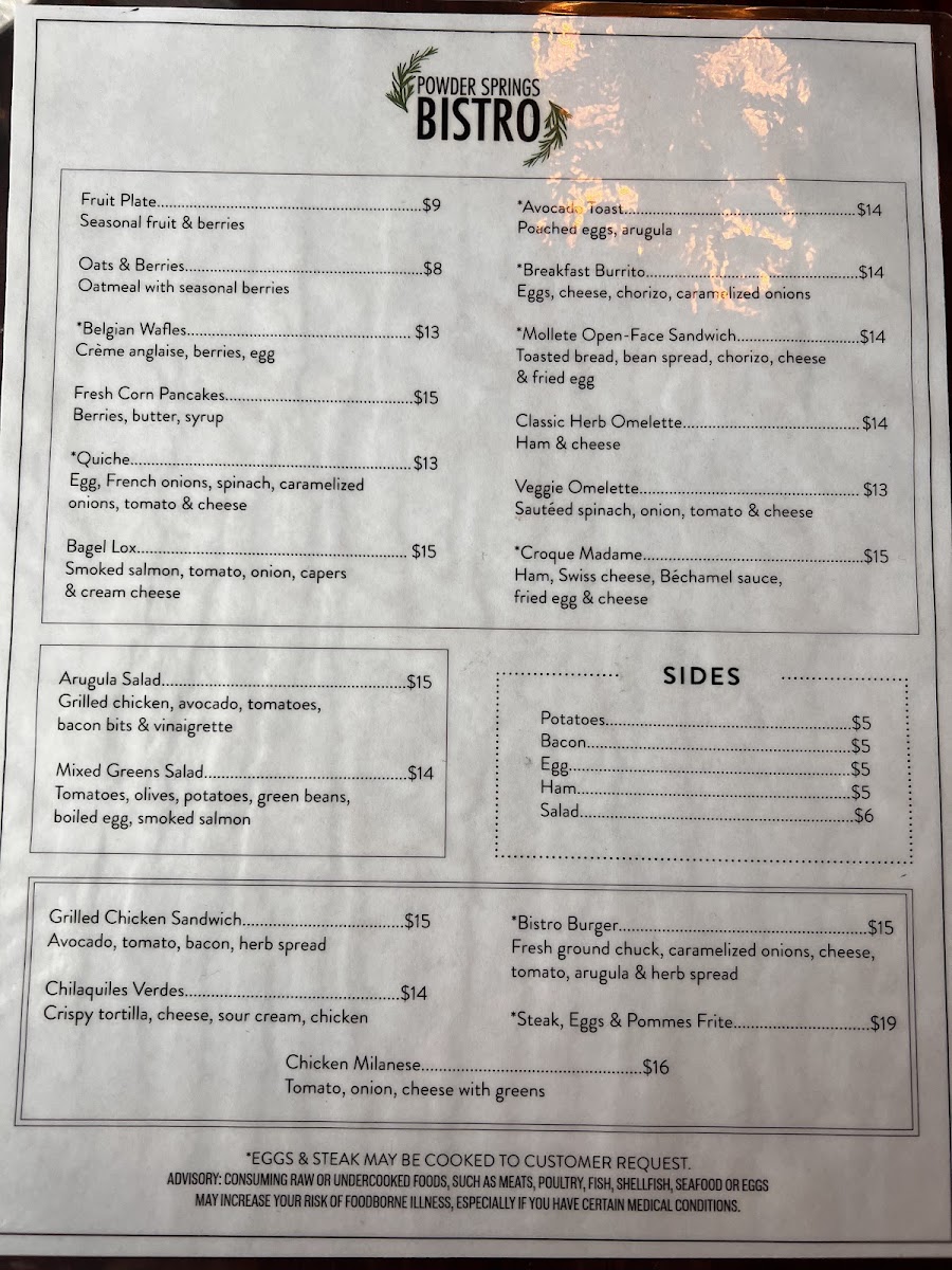 Powder Springs Bistro menu board