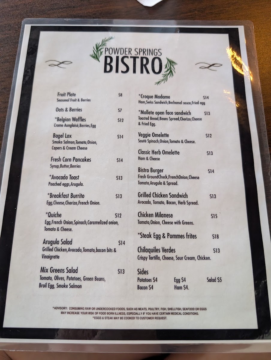 Powder Springs Bistro menu board