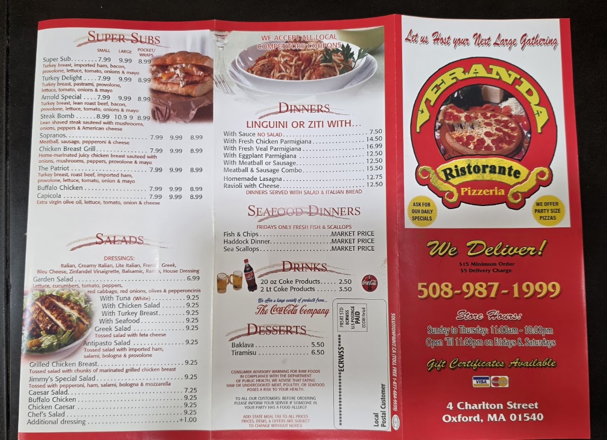 Veranda Cafe Ristorante Pizzeria menu board