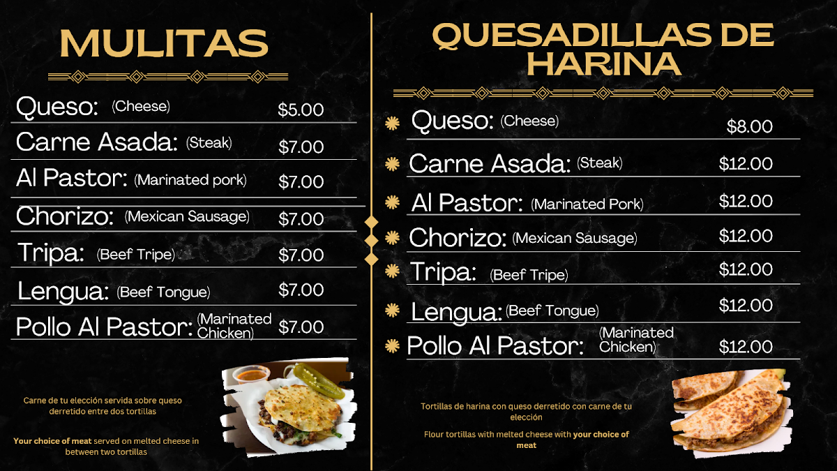 Tacos La Doña menu board
