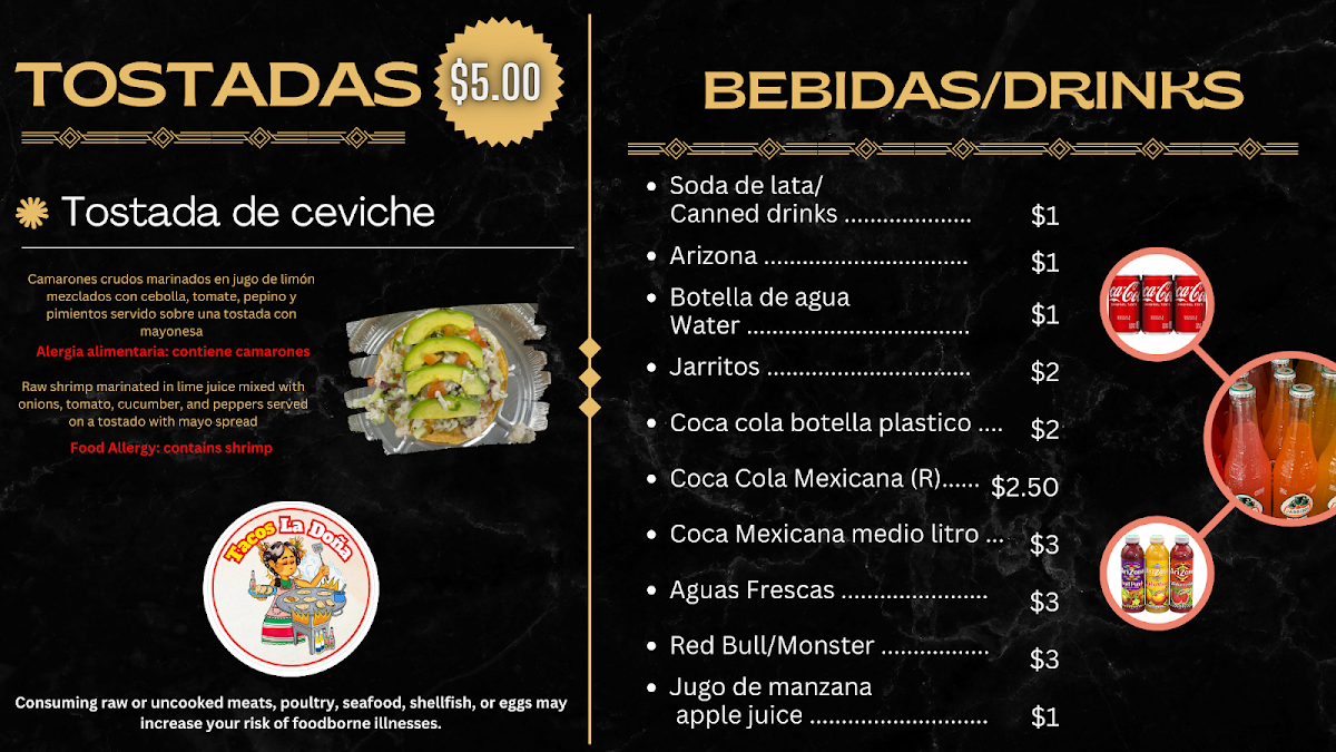 Tacos La Doña menu board