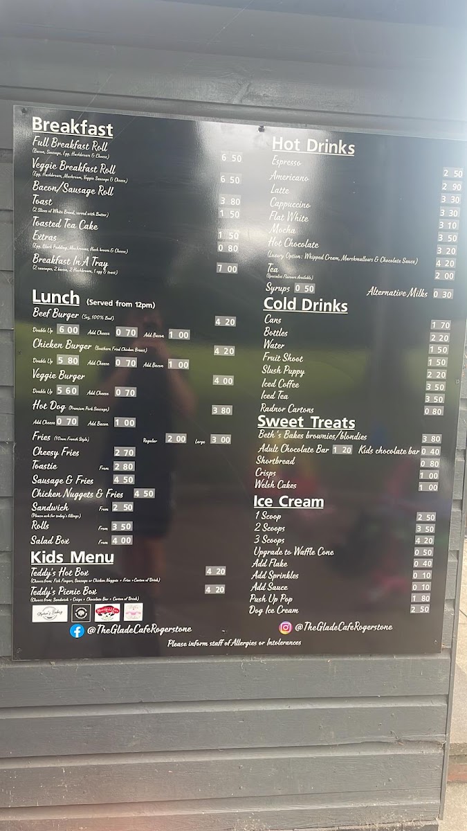 The Glade Cafe menu board