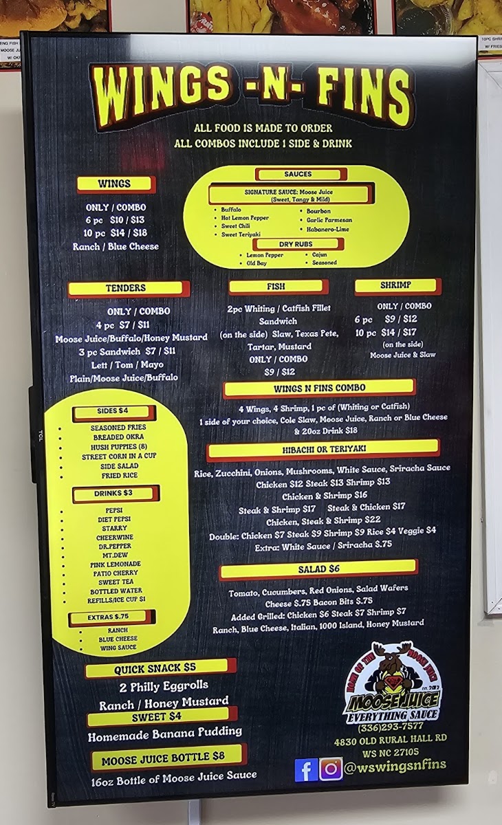 WS Wings-N-Fins menu board