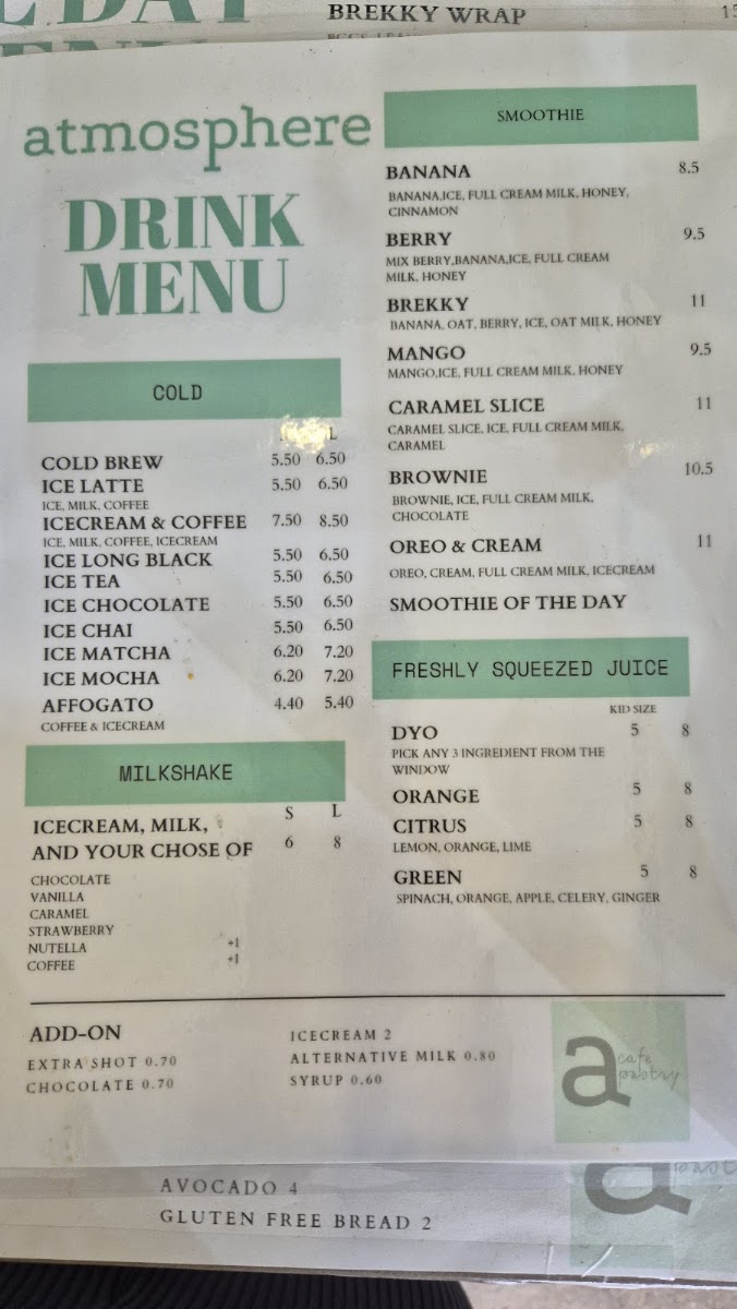Atmosphere Cafe Pastry menu board
