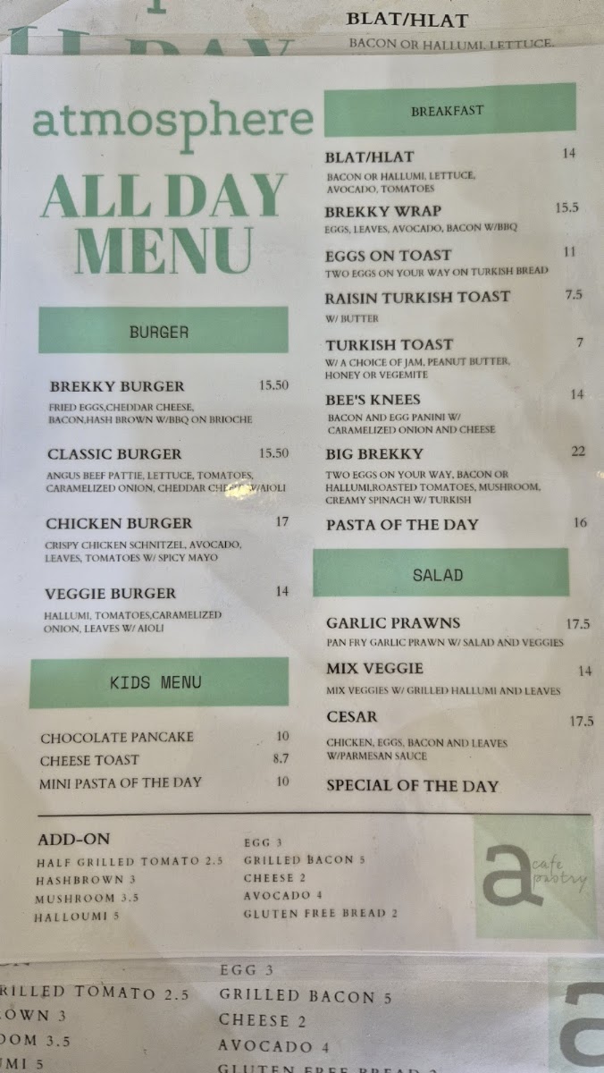 Atmosphere Cafe Pastry menu board