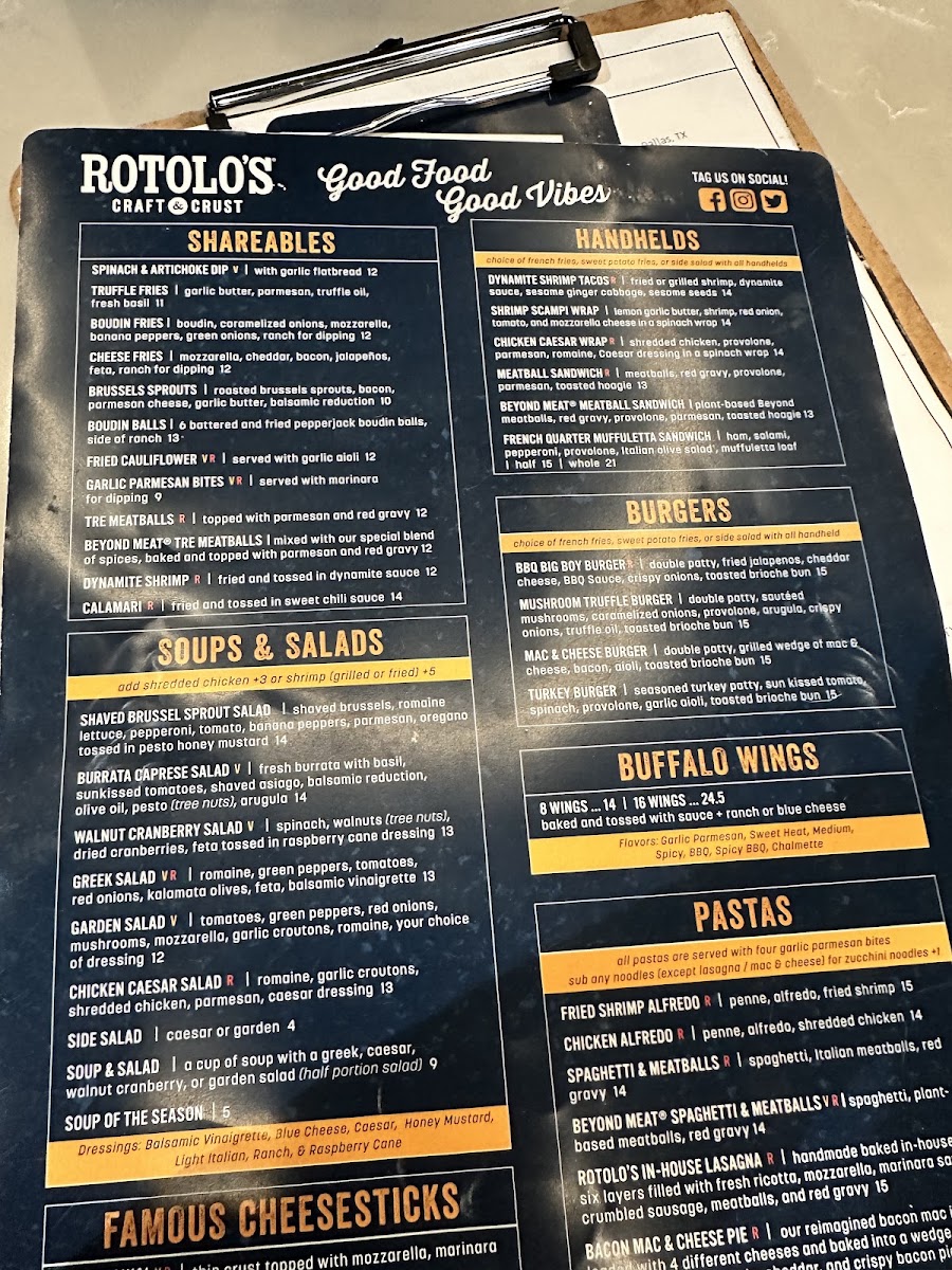 Rotolo's Craft & Crust menu board