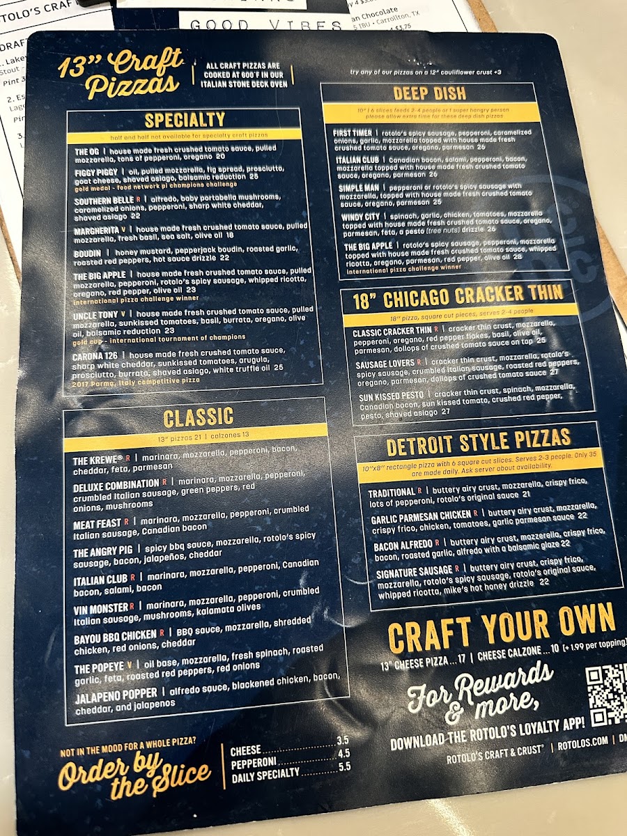 Rotolo's Craft & Crust menu board