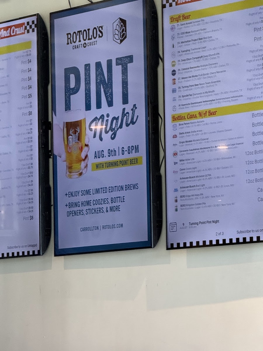 Rotolo's Craft & Crust menu board