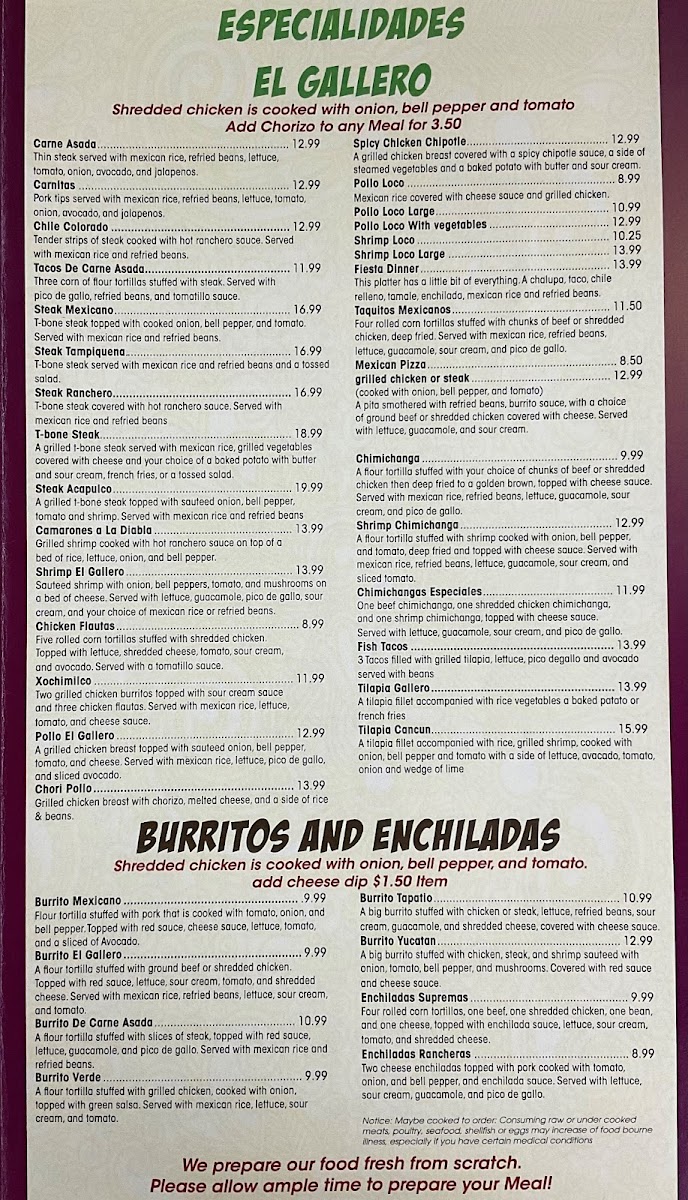 El Gallero Mexican Restaurant 2 menu board