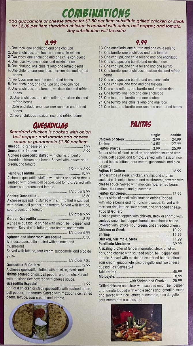 El Gallero Mexican Restaurant 2 menu board