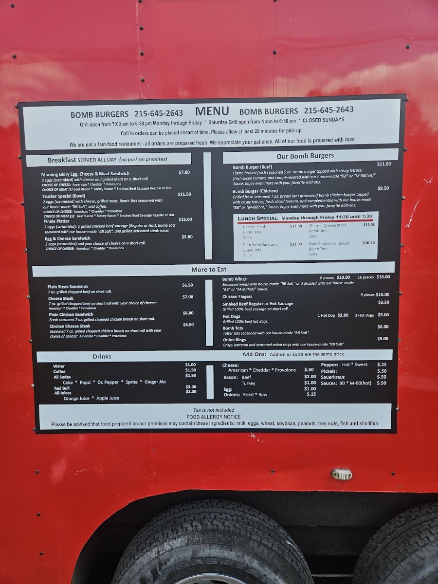 Bomb burgers menu board
