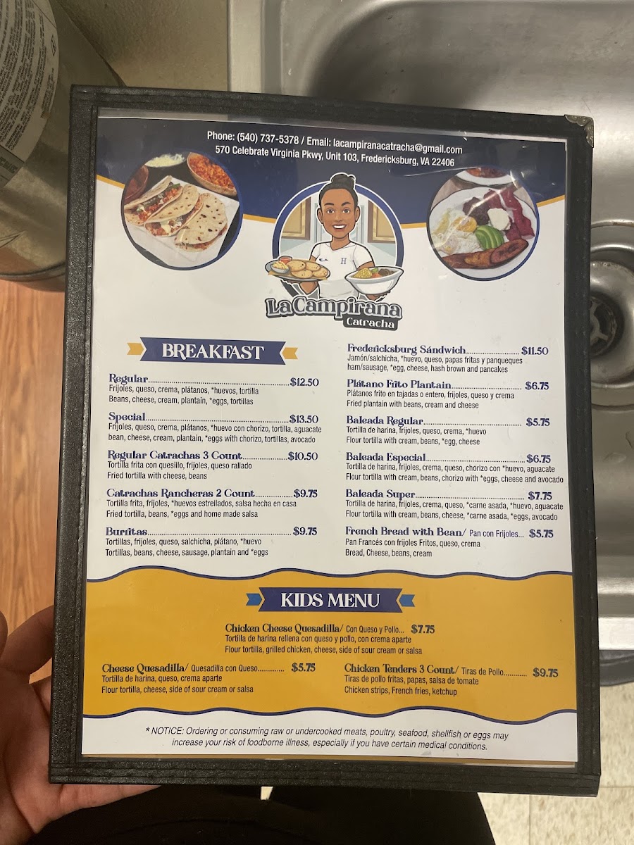 La Campirana Catracha menu board