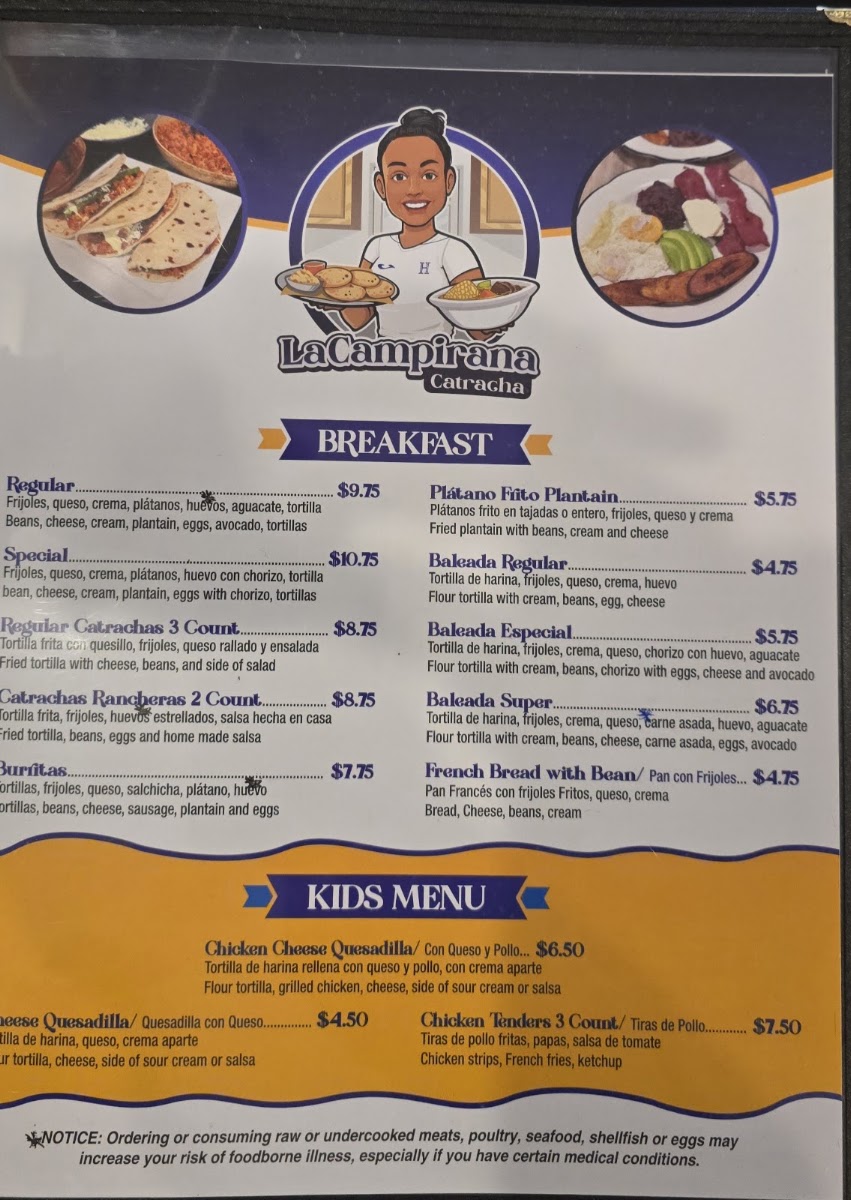 La Campirana Catracha menu board