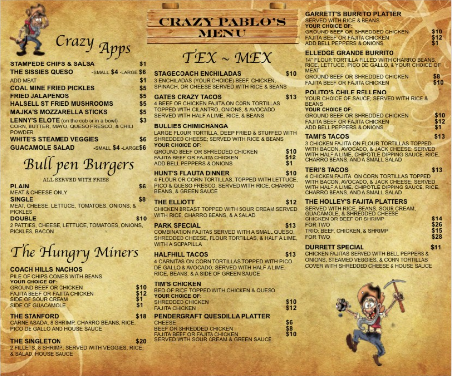 Crazy Pablo's menu board