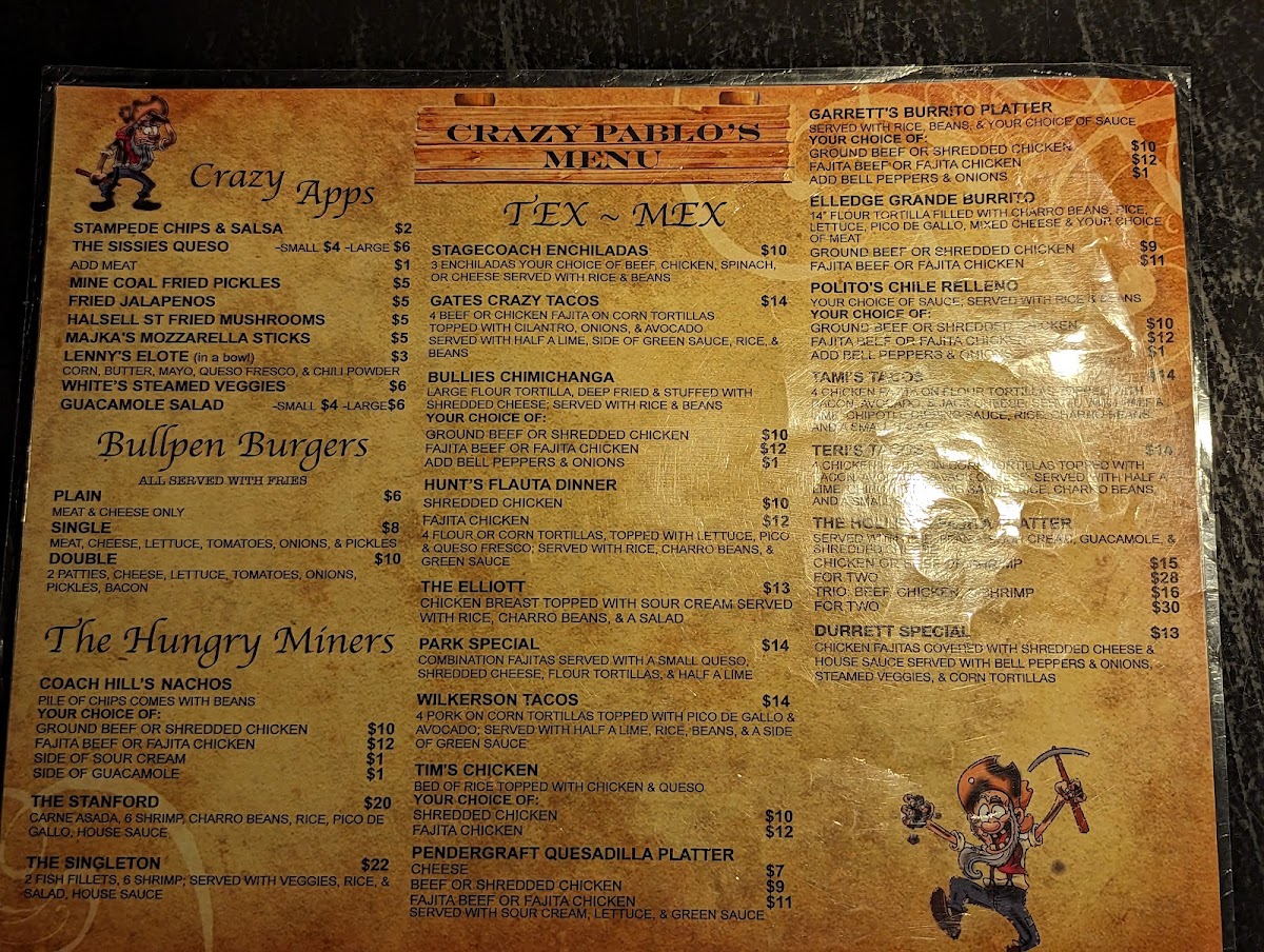 Crazy Pablo's menu board