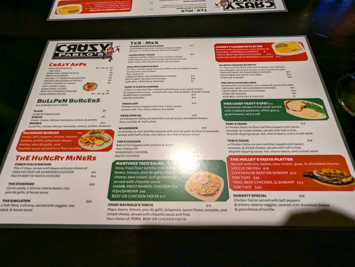 Crazy Pablo's menu board