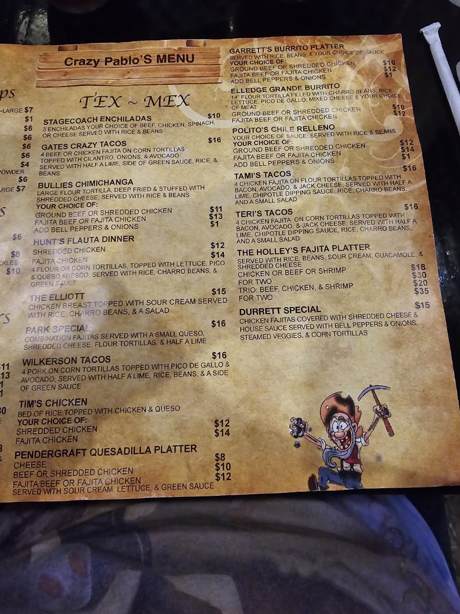 Crazy Pablo's menu board