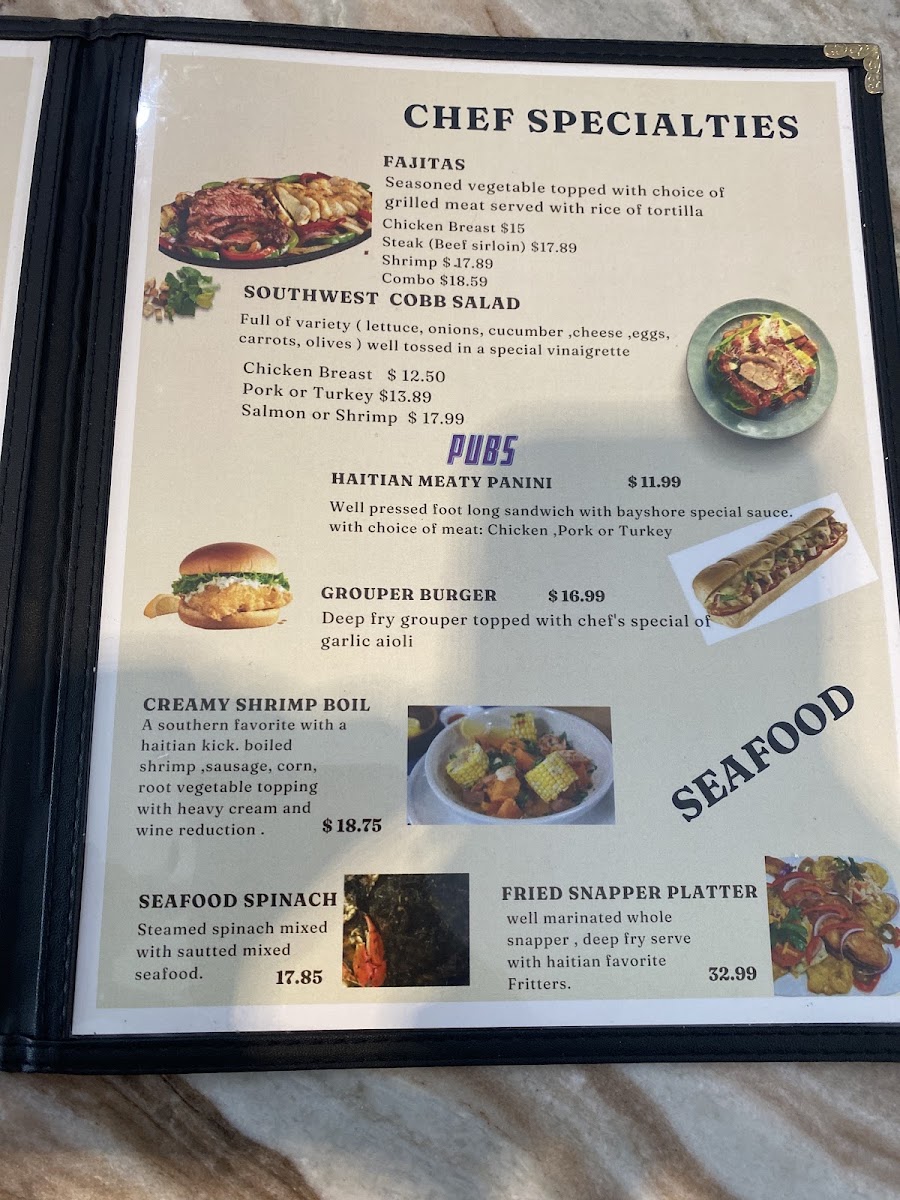 Bayshore Caribbean flavor menu board