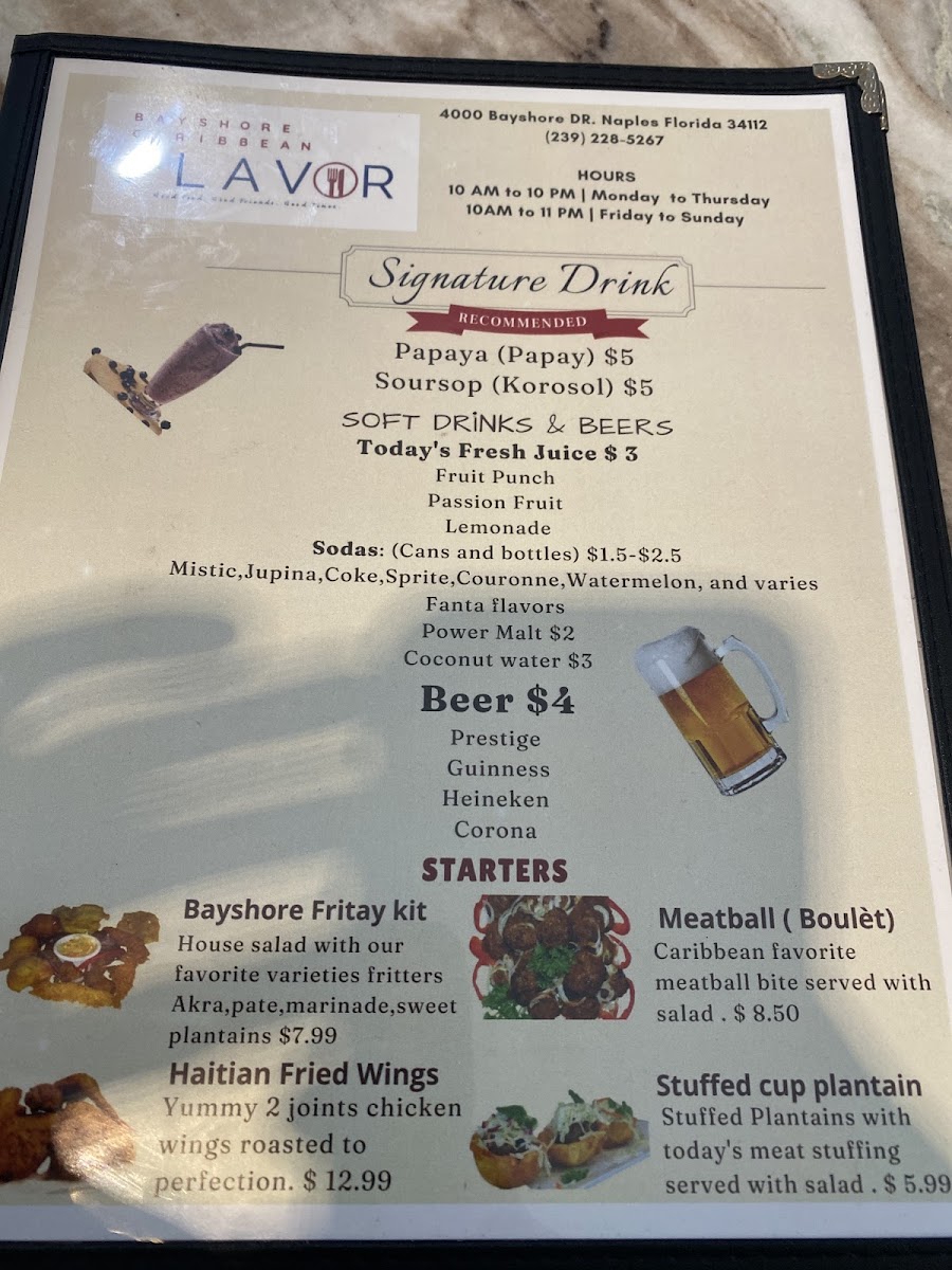 Bayshore Caribbean flavor menu board