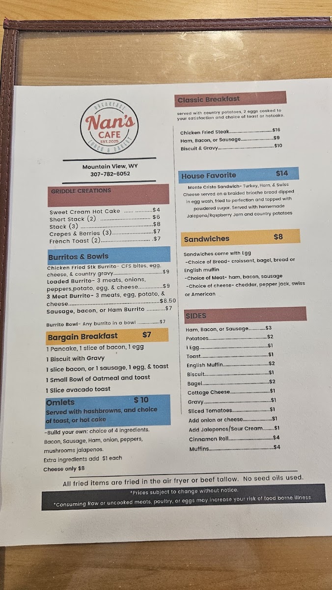 NAN'S CAFE menu board