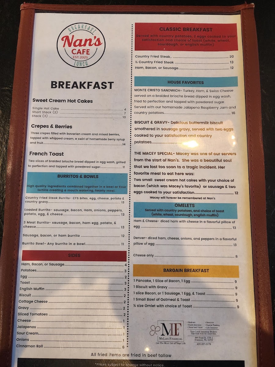 NAN'S CAFE menu board
