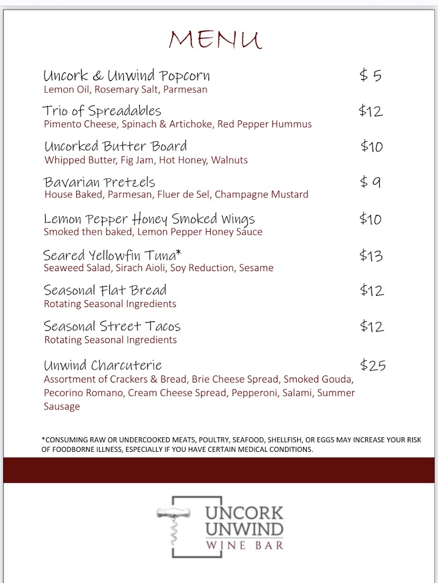 Uncork Unwind menu board