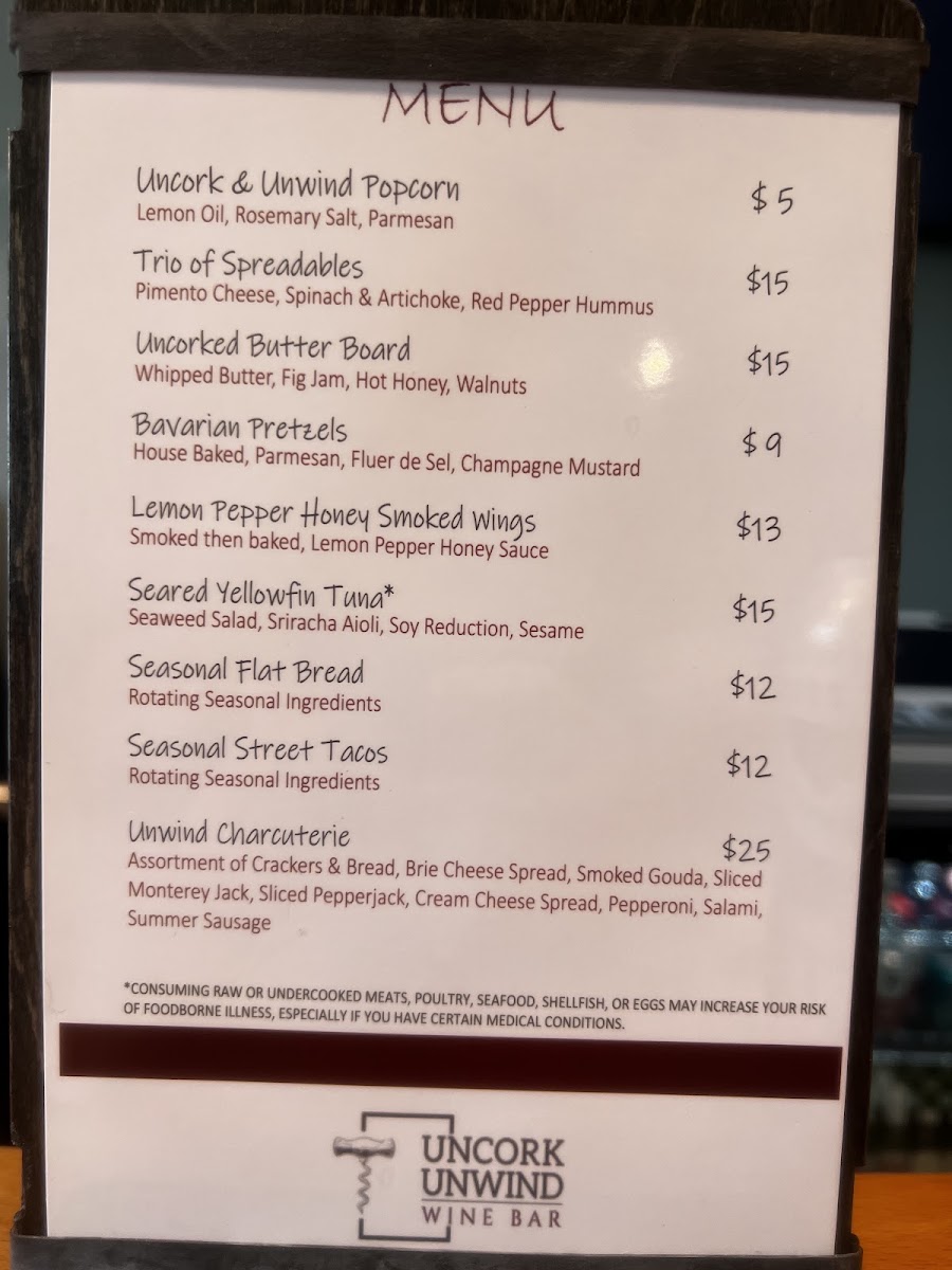 Uncork Unwind menu board