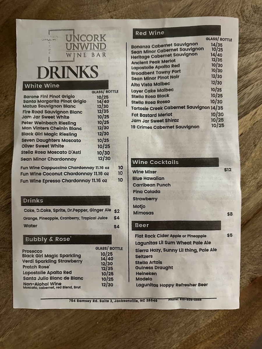 Uncork Unwind menu board