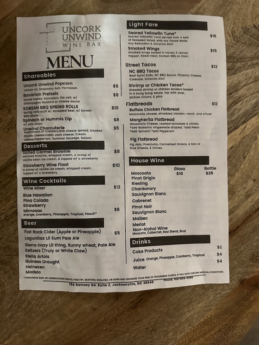 Uncork Unwind menu board