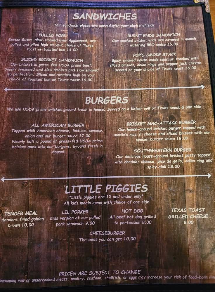 Pop's Smokehouse menu board