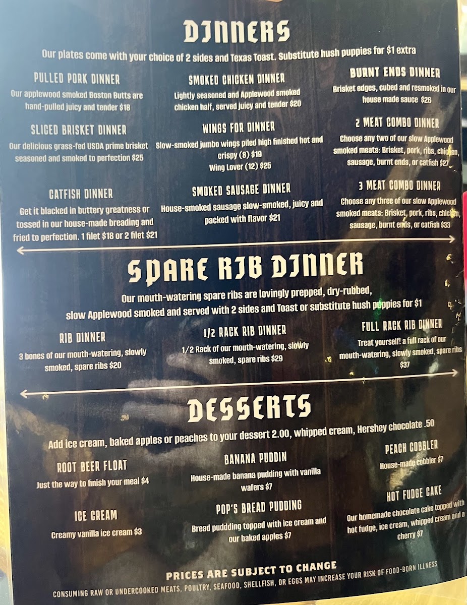 Pop's Smokehouse menu board