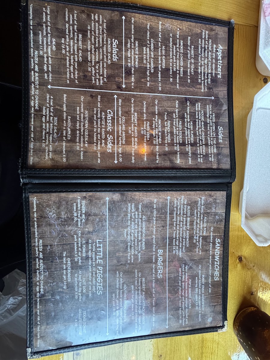 Pop's Smokehouse menu board