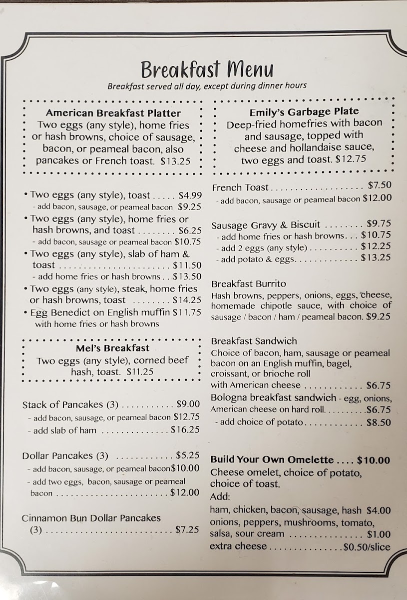 Mel's Place menu board