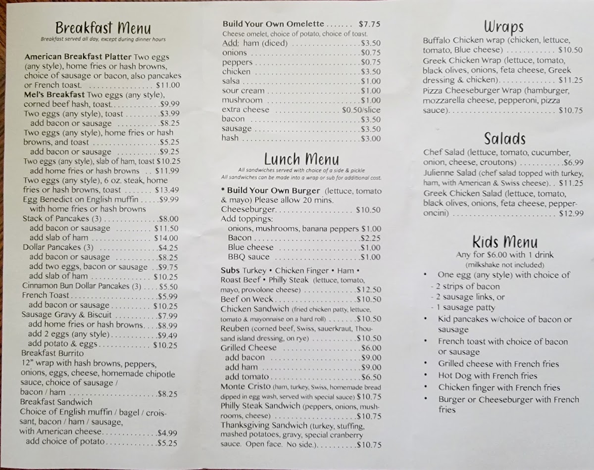 Mel's Place menu board