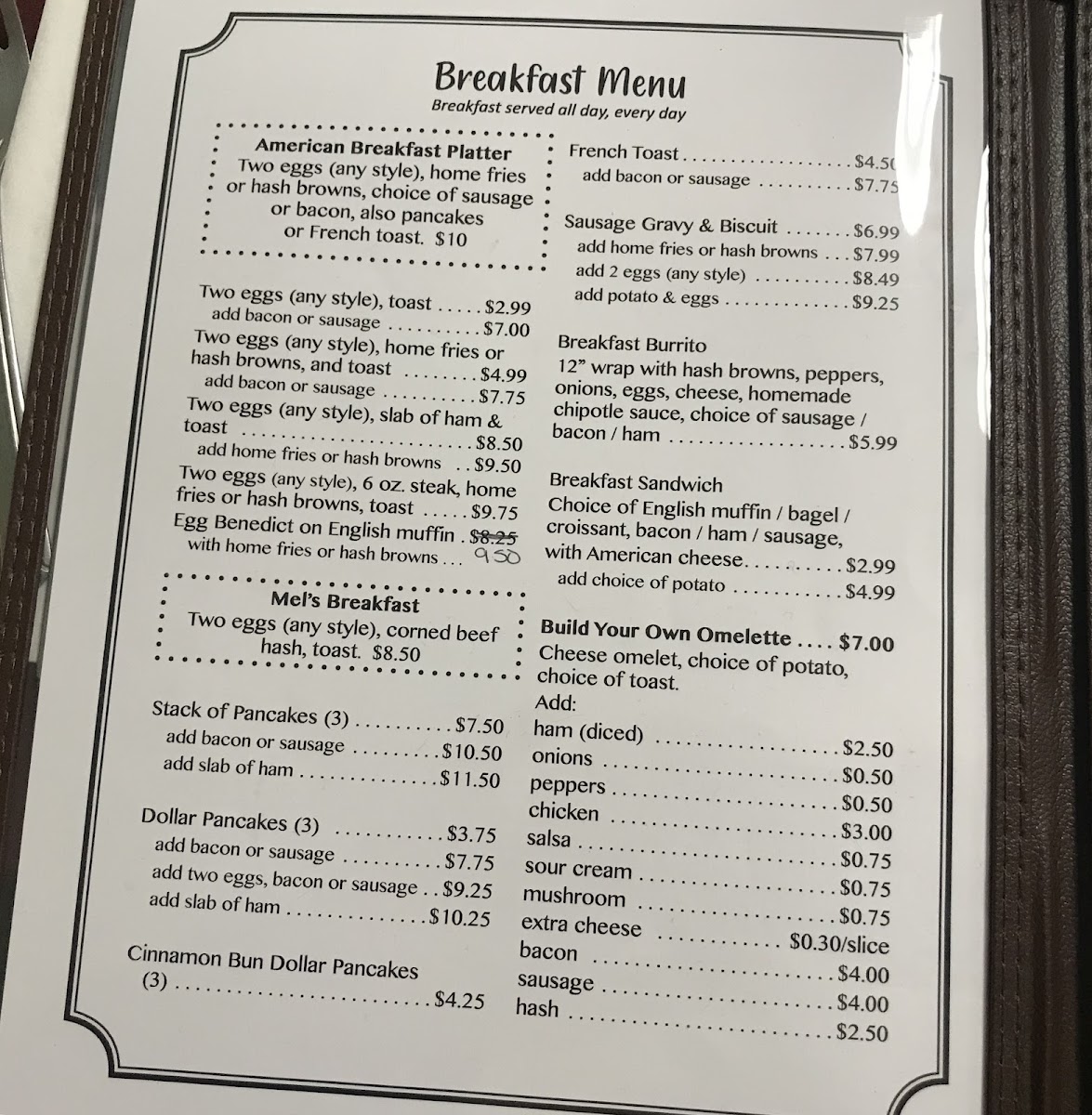 Mel's Place menu board