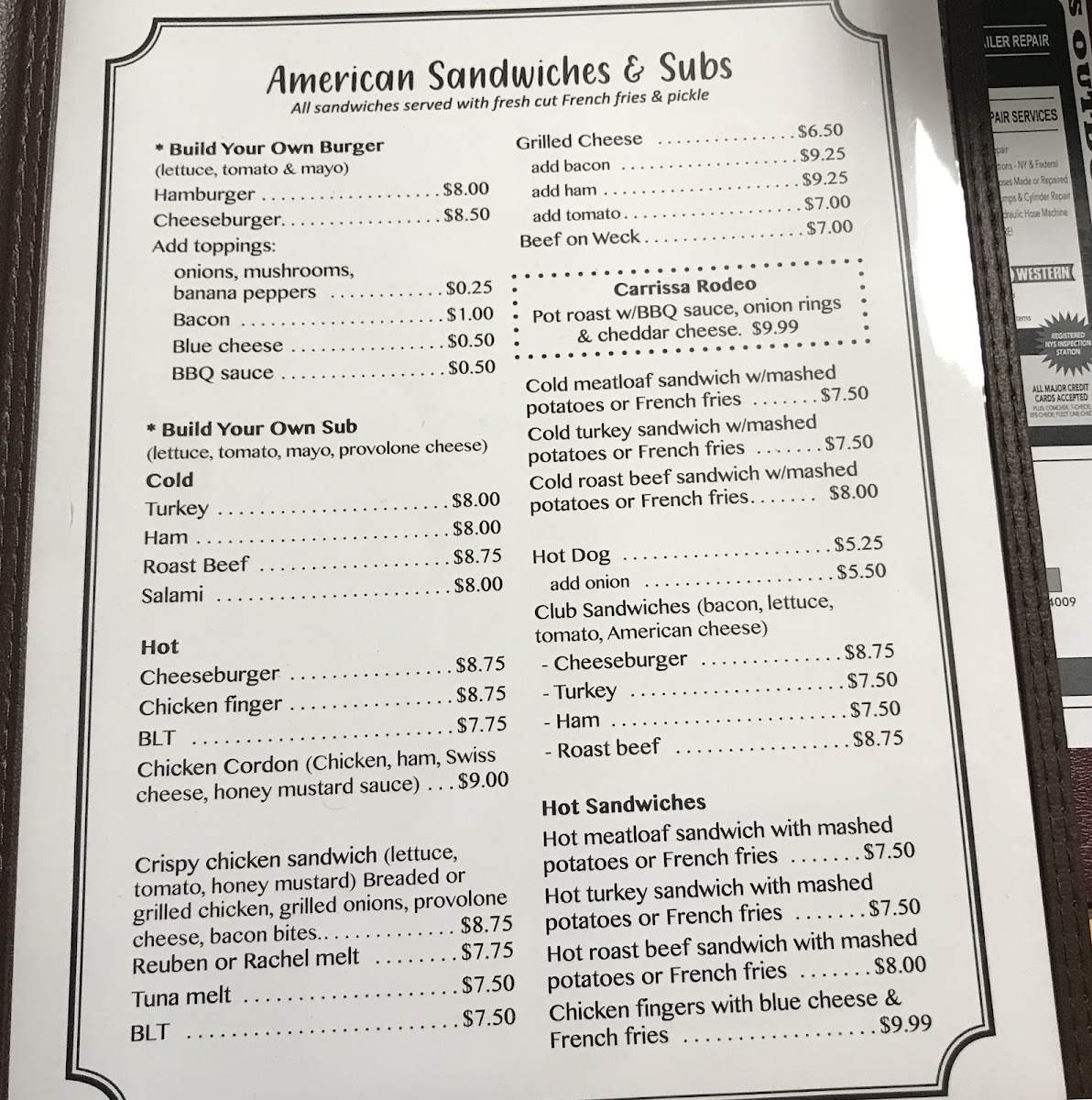 Mel's Place menu board