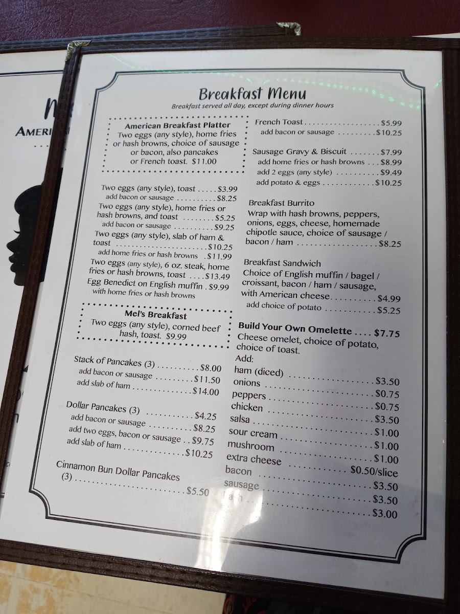 Mel's Place menu board