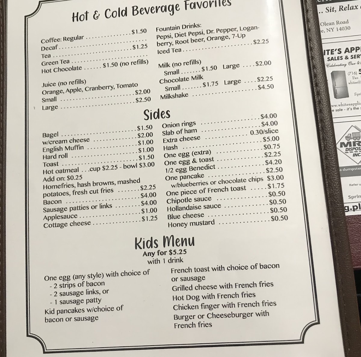 Mel's Place menu board