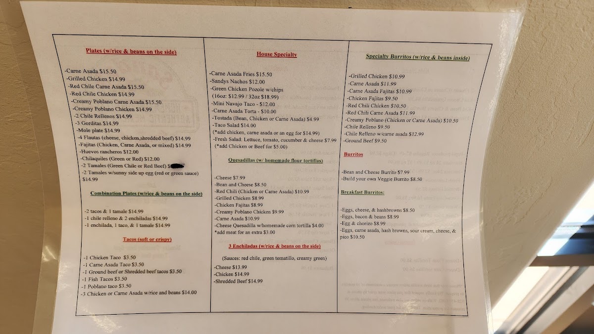 Sandy's Restaurant menu board