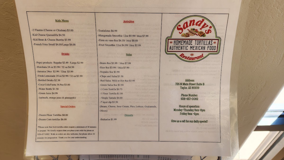 Sandy's Restaurant menu board