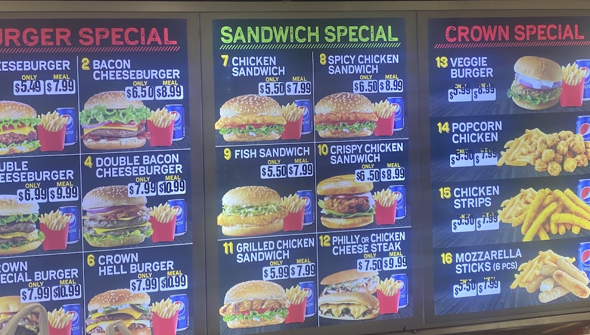 Crown - Chicken & Burger menu board