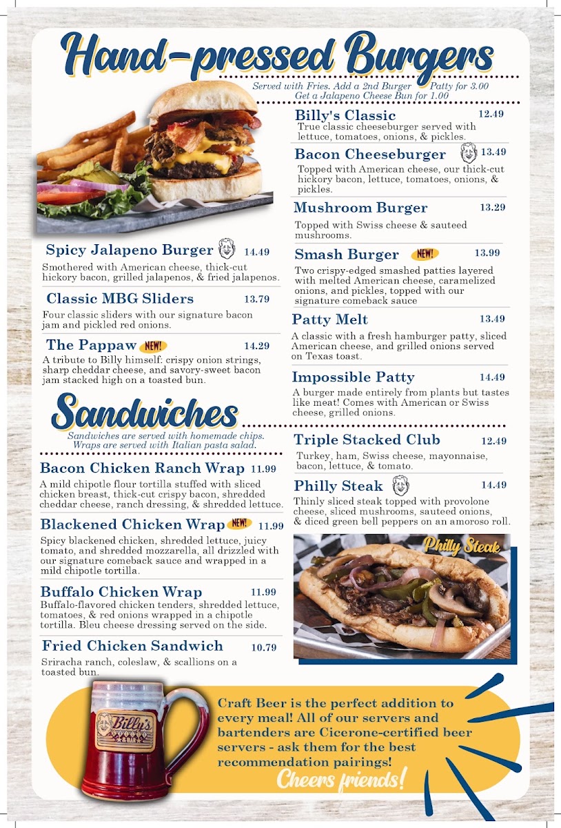 Billy's Grille & Bar menu board
